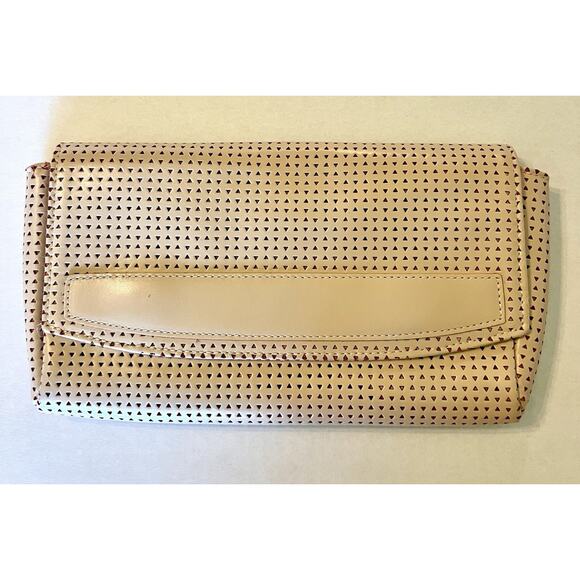 Lauren Merkin | Made In NYC Tan Perforated Magnetic Closure Clutch | 5”x 10” - Picture 1 of 6